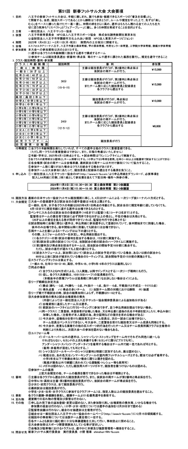 第51回新春フットサル大会　大会要項/エンジョイミックスクラス大会要項を掲載しました。