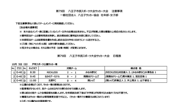 第79回市民スポーツ大会　壮年・女子サッカーの結果を掲載しました。（～10/5）