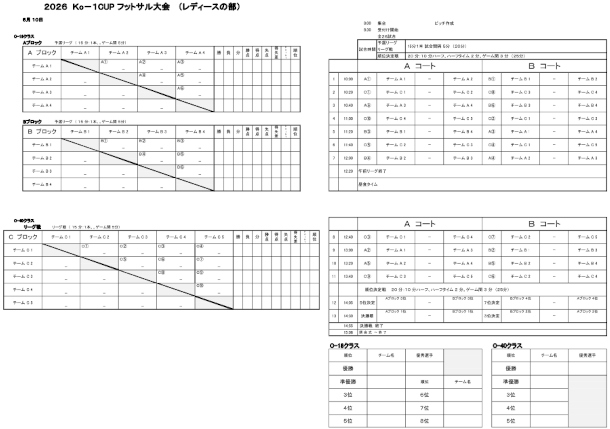 2026Ko-1CUPフットサル大会　日程表、参加チーム一覧を掲載しました。