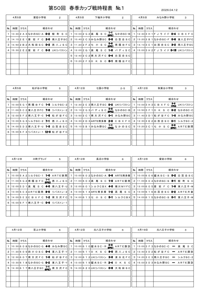 26年度春季カップ戦の結果（～4/12）と時程表を掲載しました。