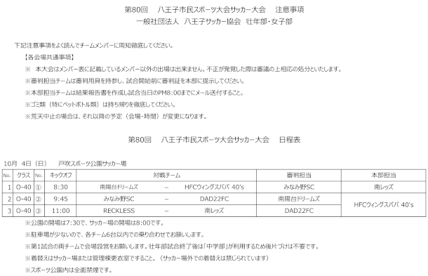 第80回市民スポーツ大会　壮年・女子サッカー日程表・トーナメント表